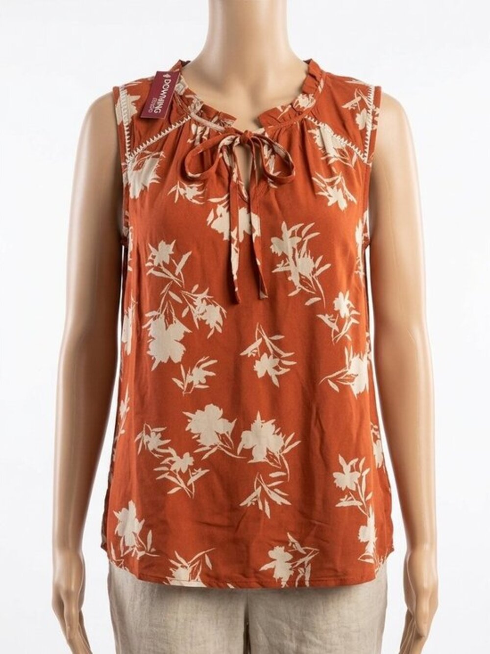 NWT Downing Studio Rust Floral Boho Tie-Neck Sleeveless Summer Blouse  2X